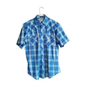 Wrangler Wrancher Blue Check Plaid Short Sleeve Shirt Pearl Snaps Men's Size M